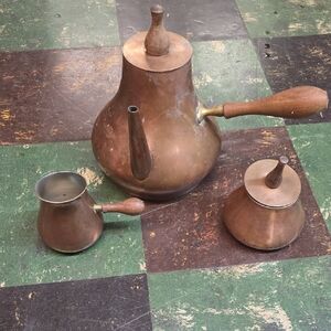 Vtg Copper Tea Set with Wooden Handles